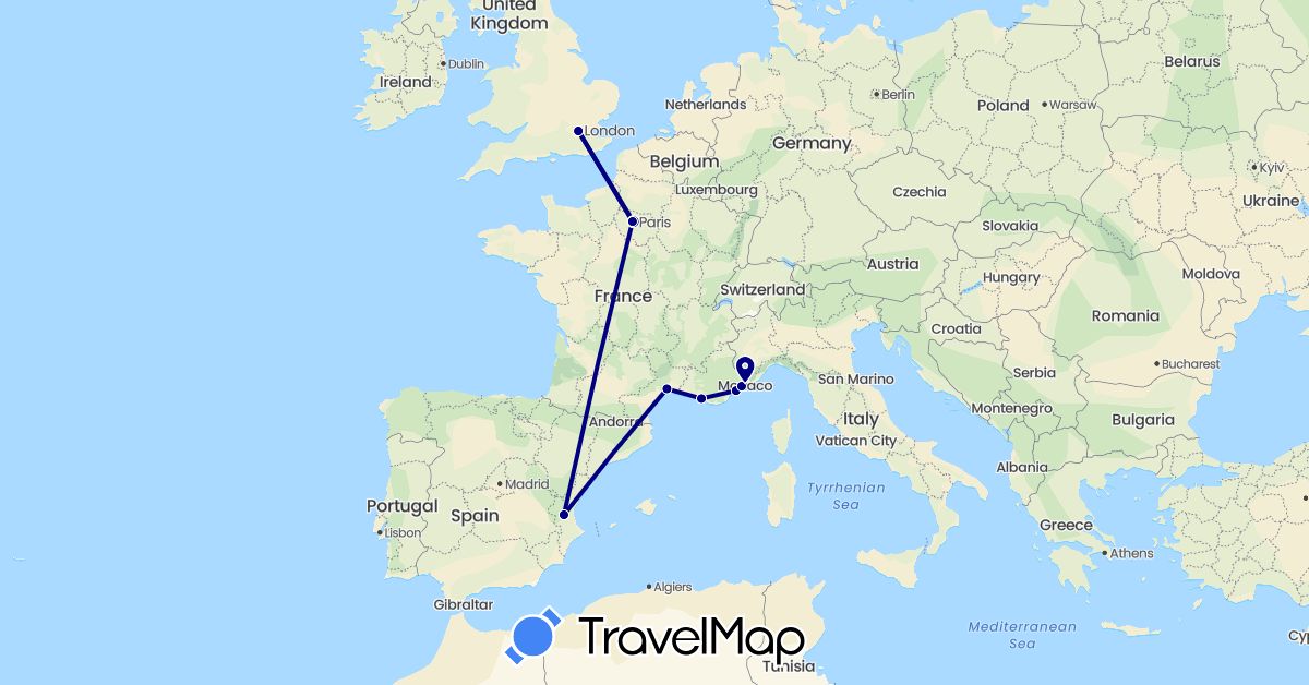 TravelMap itinerary: driving in Spain, France, United Kingdom, Monaco (Europe)